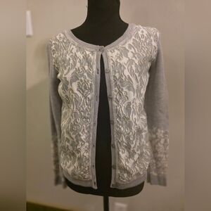 Garnet Hill Gray and White Embroidered Cardigan